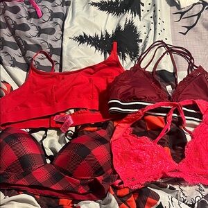 Women's Red Lace & Plaid Bralette Set